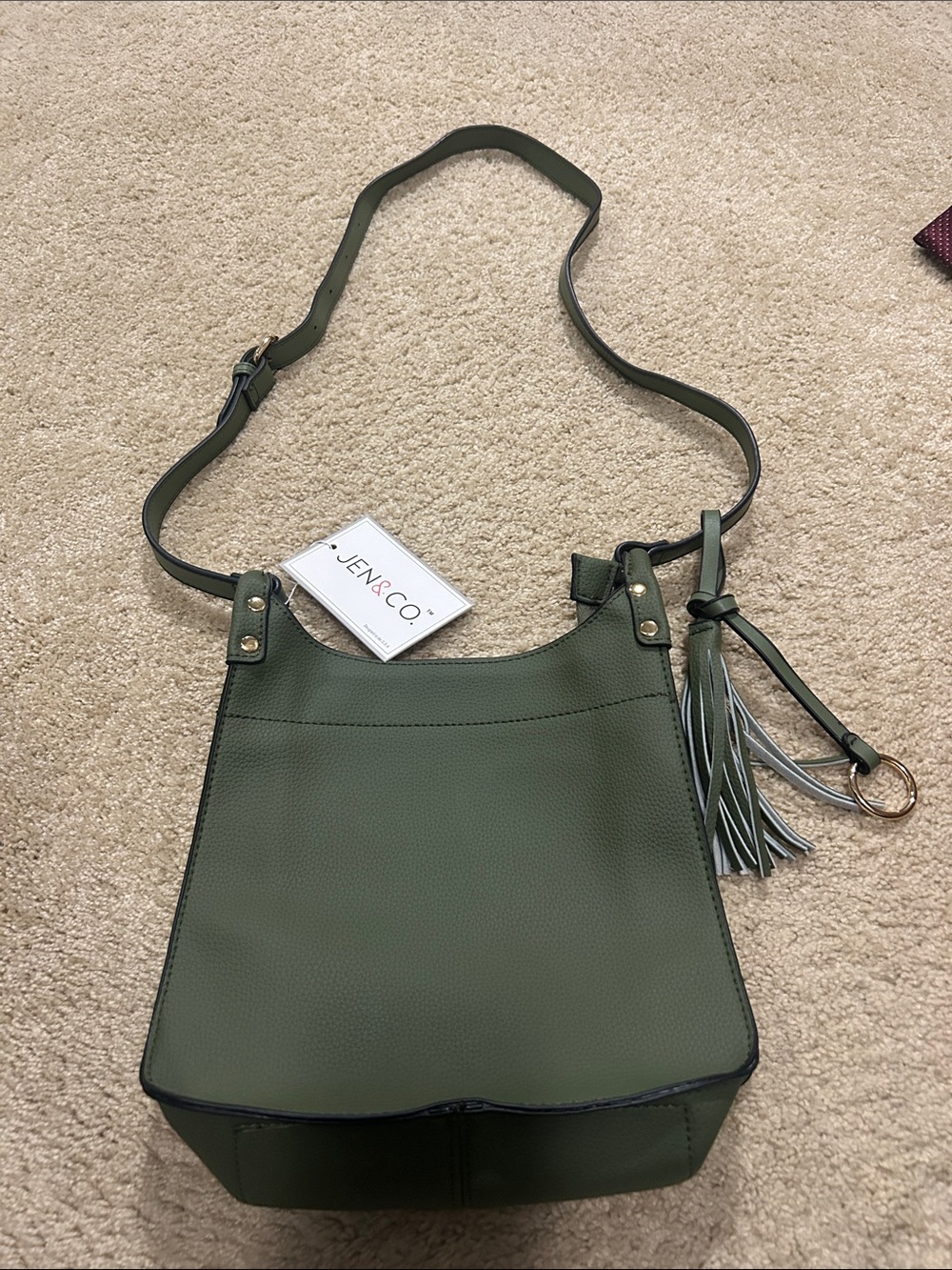 JEN & CO. Olive Green Pebbled Crossbody with Tassel Charm